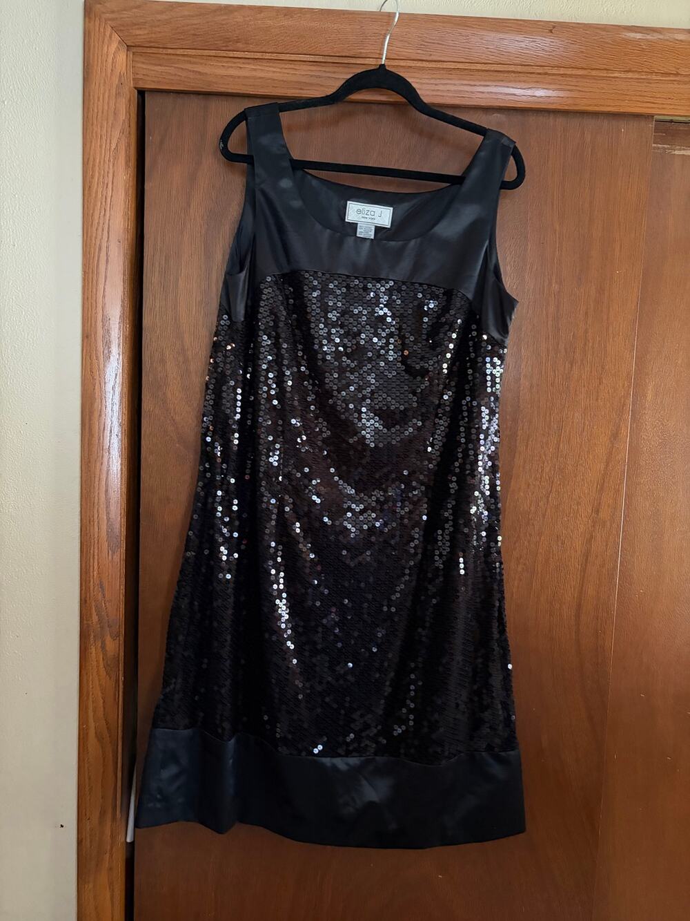 Eliza J Black Sequin Shift Dress Sleeveless Satin Trim Plus 16W NWT Party Plus